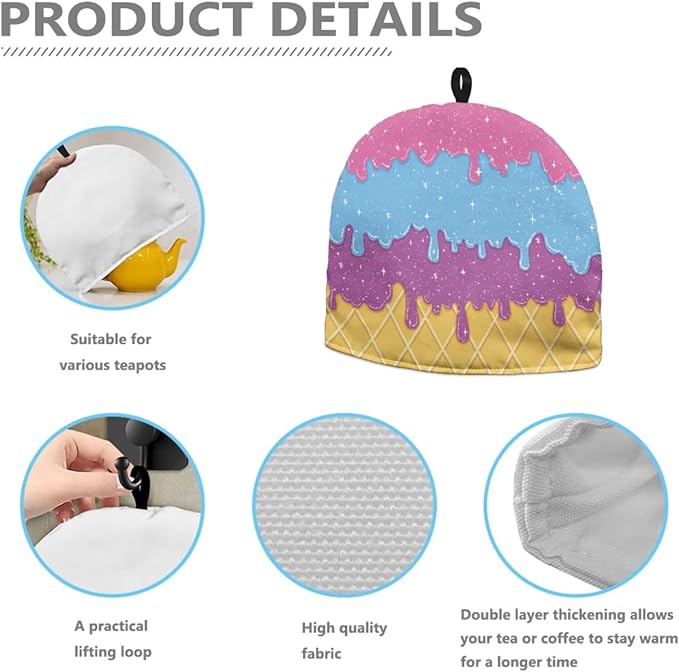 Delicious Ice Cream Print Tea Cozy for Teapot Insulated Kettle Dust Cover Fabric Tea Pot Cover Portable Easy to Clean for Hotel Restaurant Party