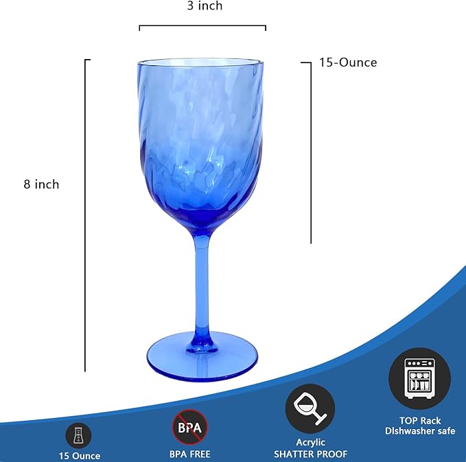 Yalin Set of 6 Unbreakable 15 oz Acrylic Plastic Wine and Water Tumbler Stackable Goblets. (Blue, 15 oz)