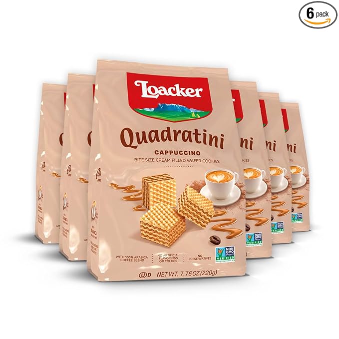 Loacker Quadratini Cappuccino Wafer Cookies LARGE - Premium Crispy Bite Size Wafers - 30% Less Sugar - NON-GMO - LARGE Pack of 6
