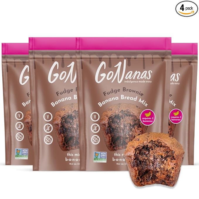 GoNanas Fudge Brownie Oat Flour Banana Bread Mix, Suitable for Plant Based Vegan Diets, Gluten Free Dairy Free Snacks, Healthy Snacks For Adults, Muffin Mix, Nut Free, Cupcakes Dessert, NON-GMO, 4pk
