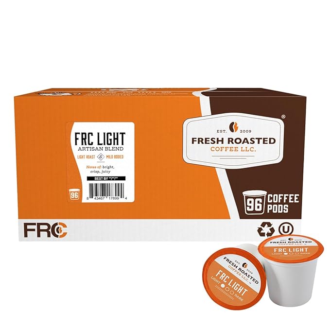 Fresh Roasted Coffee, FRC Light Roast Blend, Artisan Blend, 96 Pods for K Cup Brewers