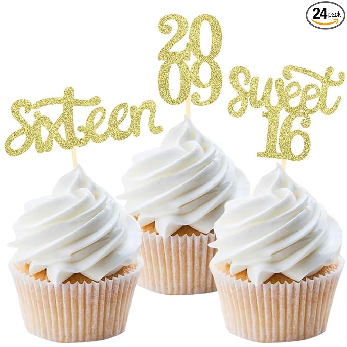 24 Pcs Sweet 16 Gold Glitter Birthday Cupcake Toppers for 16th Birthday Celebrating Party Decorations (Gold)