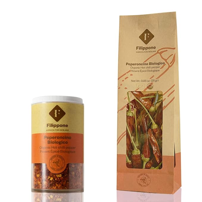 FILIPPONE - Organic Whole Dried Chili Peppers, on Stem, 25 g (0.88 oz), Spicy Sicilian Pepperoncino with Intense Aroma and flavor, Decoration, Cooking, Certified USDA Organic