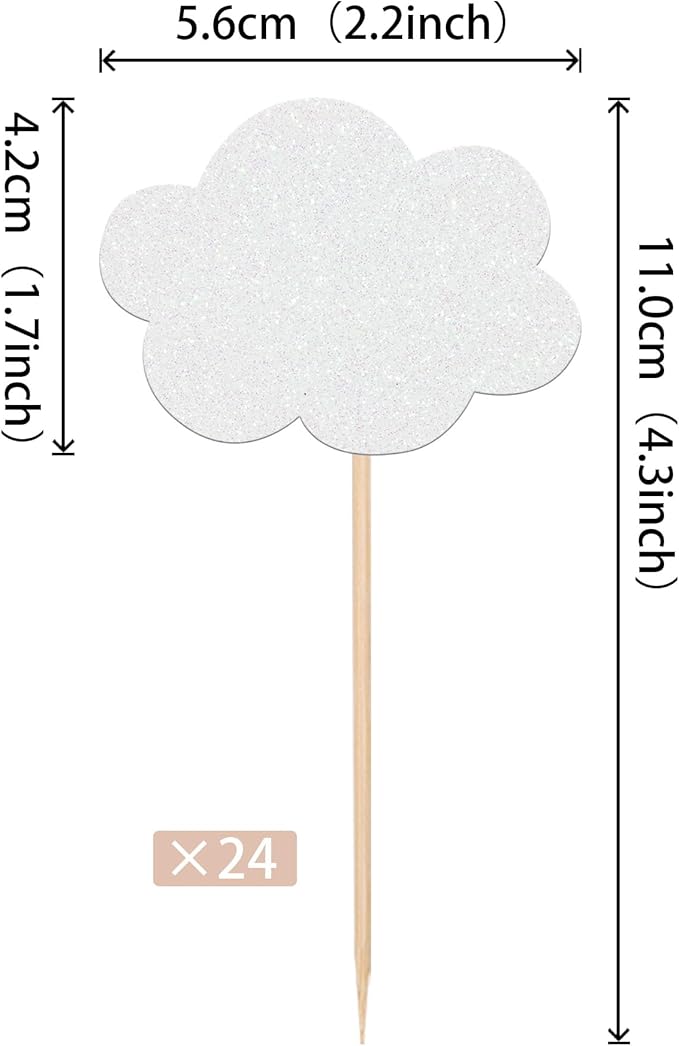 24 PCS Cloud Cupcake Toppers Glitter Glitter White Clouds Cupcake Picks Cloud Baby Shower Decorations for Baby Shower Birthday Wedding Party Cake Decorations Supplies