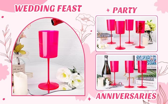 Ciaell 12 Pack Plastic Wine Glasses - 14Oz Hot Pink Plastic Wine Glasses With Stem - Disposable Stemmed Cups for Parties & Weddings