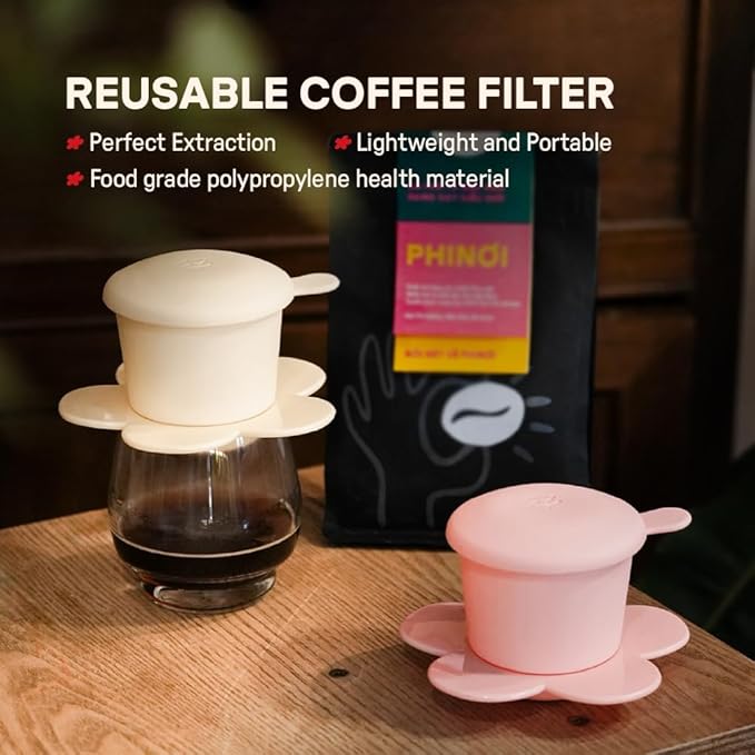 ??Vietnamese Coffee Dripper Phin Filter ??Pour Over Coffee Maker ??Single Cup Dripper with Flower Design ??Reusable Coffee Filter- Paperless Filter for Sustainable Brewing (Ivory)