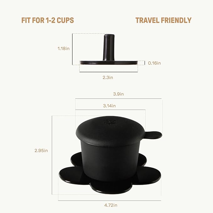 ??Vietnamese Coffee Dripper Phin Filter ??Pour Over Coffee Maker ??Single Cup Dripper with Flower Design ??Reusable Coffee Filter- Paperless Filter for Sustainable Brewing (Jet Black)
