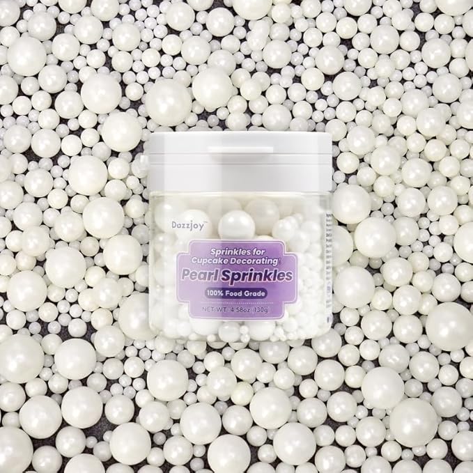 Dazzjoy Edible White Pearl Sugar Sprinkles, White Pearls for Cake Decorating, 130g/4.58oz, Candy Baking Cake Decorations, Cupcake Toppers & Cookie Decoration, Wedding Party Valentines Easter Supplies