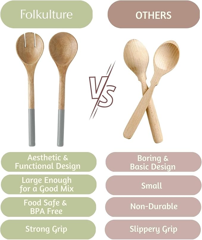 Folkulture Salad Servers or Salad Tongs, Wooden Utensils for Serving Salad, Salad Forks or Salad Tongs for Serving, Salad Sling, 12-inch Spoon and Fork Set, Mango Wood, Grey