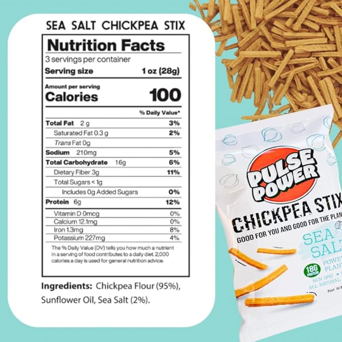 Pulse Power Chickpea Stix - Crunchy Snacks, High Protein, Gluten Free, Non-GMO, Vegan (3 pack, 3 oz) (Sea Salt)