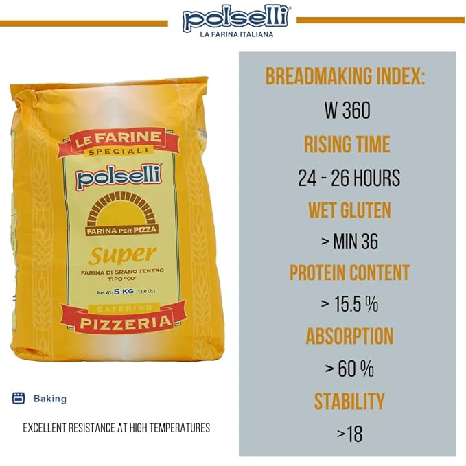 Super, Tipo 00, Double Zero, Type OO, Roman Style Pizza Flour for In Teglia, al Tagio, Pinsa, Pala, W 300+ Formulated for a long 72+ hour fermintation and rise, (5 kg) 11 lbs, Polselli