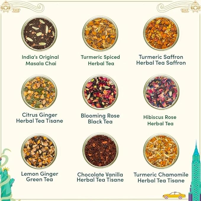 VAHDAM, Weekend In New York Tea Gift Sets Travel Edition Gift Box | 9 Varieties - Green Tea, Herbal Tea & Black Tea | Gluten Free, Non GMO | Gifts for Women & Men, Gifts for Him/Her