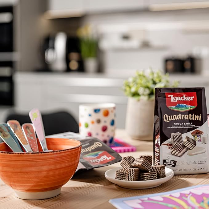 Loacker Quadratini Cocoa & Milk Wafer Cookies LARGE - 30% Less Sugar - Premium Crispy Bite Size Cocoa Wafers - NON-GMO - LARGE Pack of 6
