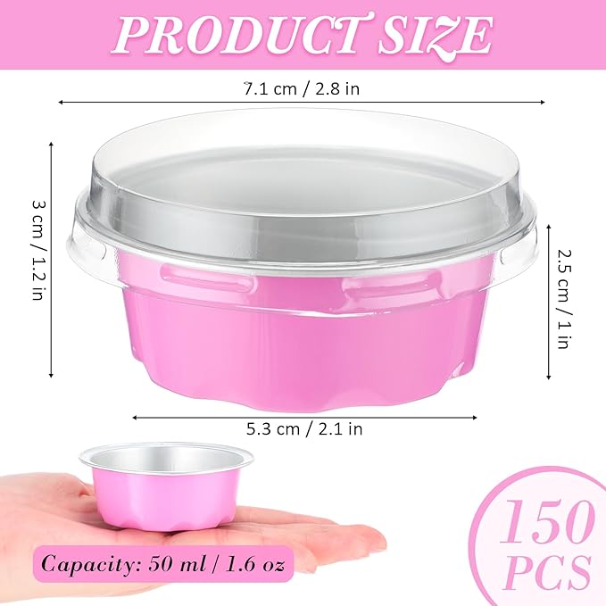 Eaasty 150 Pcs Baking Cups with Lids, 1.6 oz Muffin Cupcake Liners Aluminum Foil Mini Cake Pans Small Disposable Ramekins Flan Containers with Lids for Weddings, Birthday, Various Holiday (Pink)
