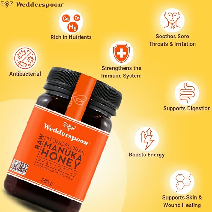 Wedderspoon Raw Premium Manuka Honey, KFactor 16, 17.6 Oz, Unpasteurized, Genuine New Zealand Honey, Traceable from Our Hives to Your Home