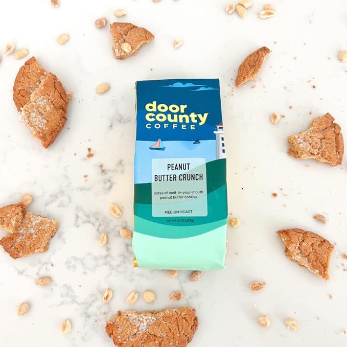 Door County Coffee Peanut Butter Crunch Flavored Whole Bean - 10 oz Bag - Medium Roast - 100% Specialty Arabica - Flavored Gourmet - Peanut Butter Crunch