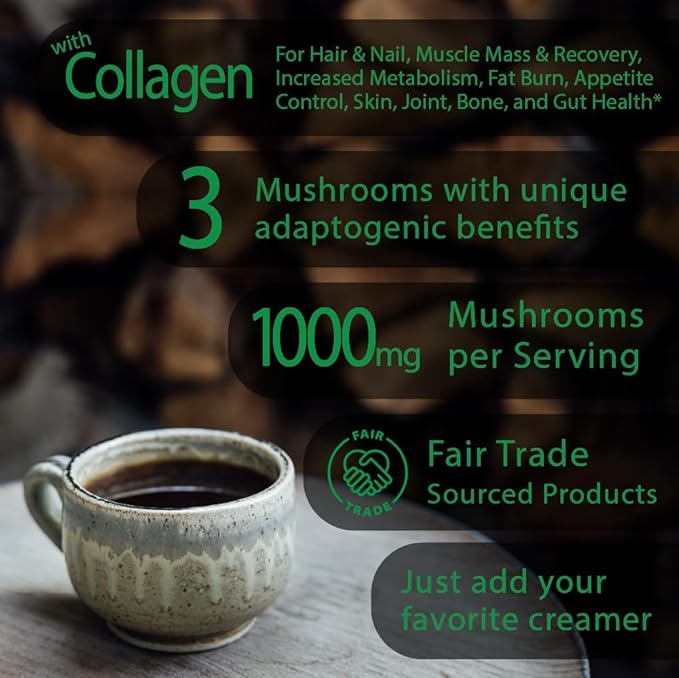 Destress Boost Organic mushroom Instant Coffee - 10 x 9g Packets - Healthy Coffee alternative and Substitute - With Gaba, Collagen, Lions Mane and Antioxidant