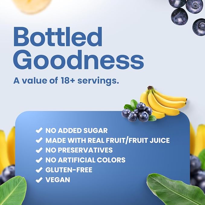 Dr. Smoothie 100% Crushed Blueberry Banana ??No Added Sugar, Made with Real Fruits/Fruit Juice ??Vegan, No Artificial Colors or Flavors ??Ripe Blueberries & Creamy Banana ??46 oz Bottle