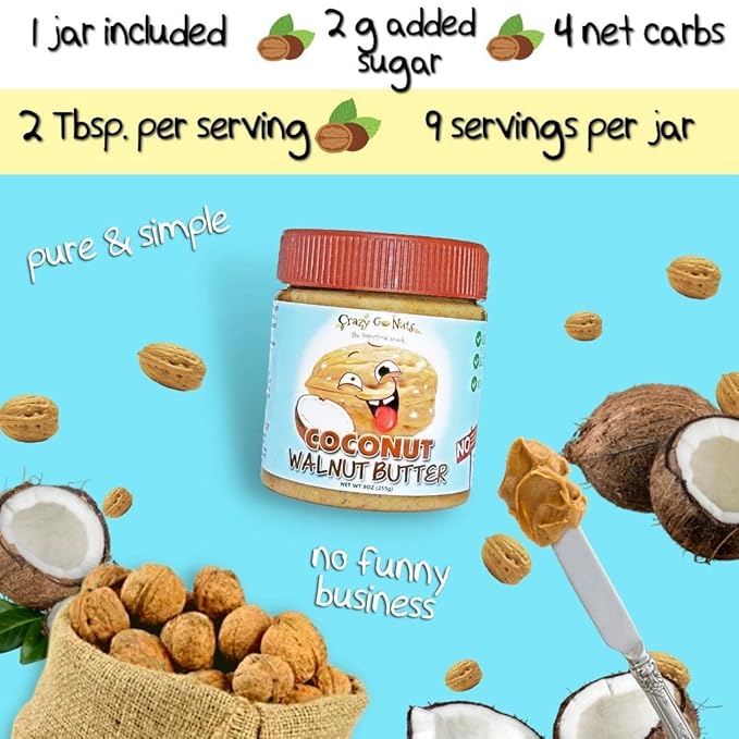 Crazy Go Nuts Walnut Butter Coconut - Walnut Spread, Keto, Vegan, Low Carb, Gluten Free, Superfood-Natural, Non-GMO, ALA, Omega 3 Fatty Acids, Good Fats and Antioxidants - 9 Oz