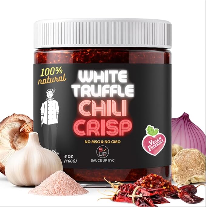 SAUCE UP White Truffle Chili Crisp 6oz | Gourmet Vegan Chili Oil with 13 Natural Ingredients | Gluten Free Keto No MSG | Crispy Spicy Umami Flavor Bomb | Handcrafted in NYC | Premium Truffle Sauce