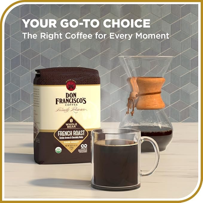 Don Francisco's Organic French Roast Whole Bean Coffee, Dark Roast ??100% Arabica,18 oz Bag, Premium Coffee for Drip, Pour Over & French Press