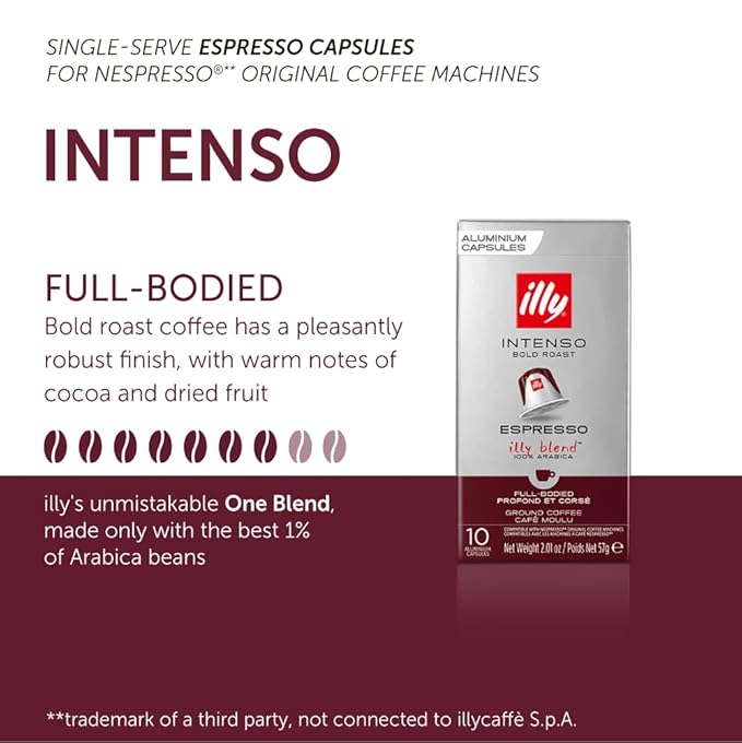 Illy Espresso Compatible Capsules - Single-Serve Coffee Capsules & Pods - Intenso Dark Roast - Notes Of Cocoa & Dried Fruit Coffee Pods - For Nespresso Coffee Machines – 10 Count