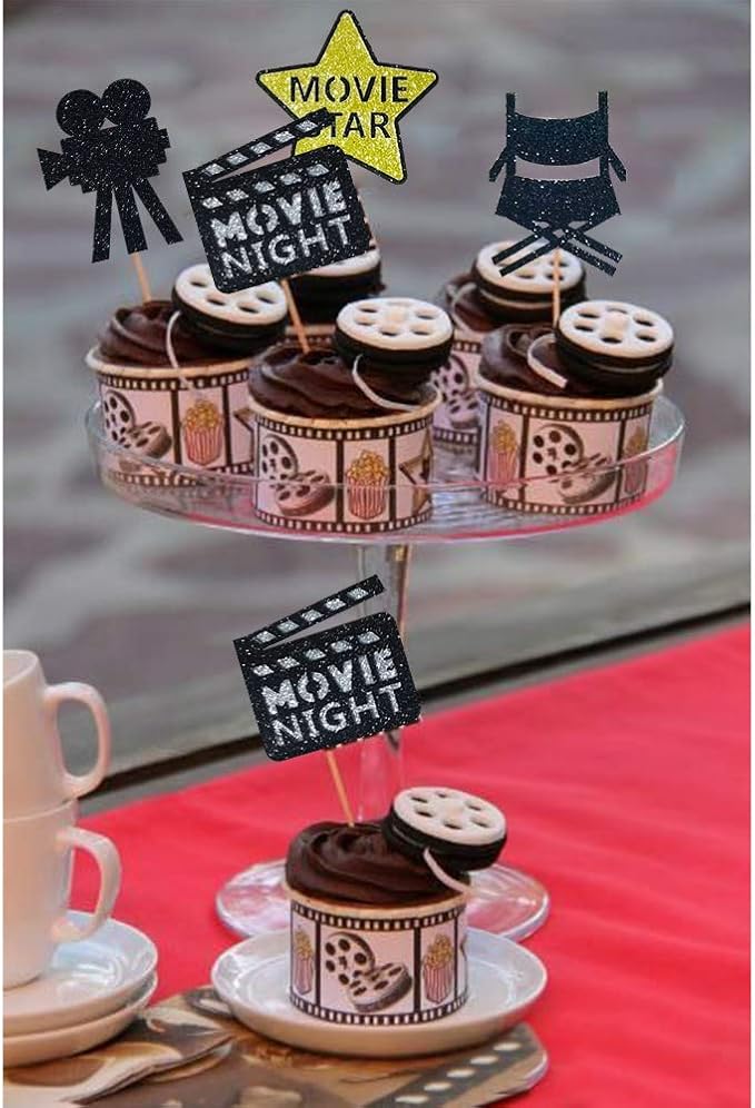 Theater Cupcake Toppers Cake Decoration for Birthday Movie Night Party Supplies Food Pick - Set of 24