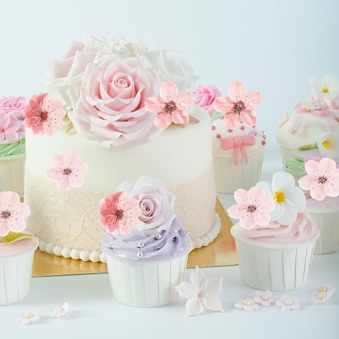 50pcs Edible Flowers Cake Decorations ??Flower Cupcake Toppers, Edible Flowers Cherry Blossoms Cake Topper Cupcake Toppers Decorations for Wedding Birthday Party