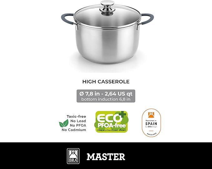 BRA COOKWARE Master Casserole w/Glass Lid | 8 inches - 2.4 quarts Professional Pot | Stainless Steel Casserole| All Heat Sources Compatible - Full Induction | PFAS Free Stock Pot | Shiny Finish