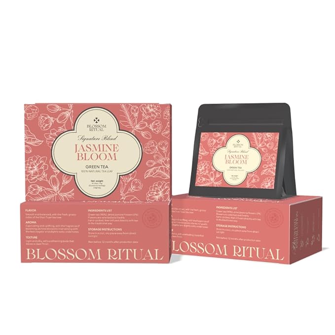 BLOSSOM RITUAL Jasmine Bloom – Floral Green Tea Loose Leaf – 20 Natural Based Pyramid Bags – Serve Upto 60 cups – Jasmine Petal Infusion – Stress Relief & Rich Antioxidants | 2.65oz