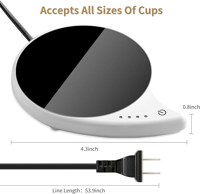 Coffee Warmer for Desk, Touch Control Mug Warmer, 4 Temperature Settings Up to 144℉, 4.3-inch Plate for Glass Cups, Mugs, Teapots, 59-inch Cord, Ideal for Office and Gifts