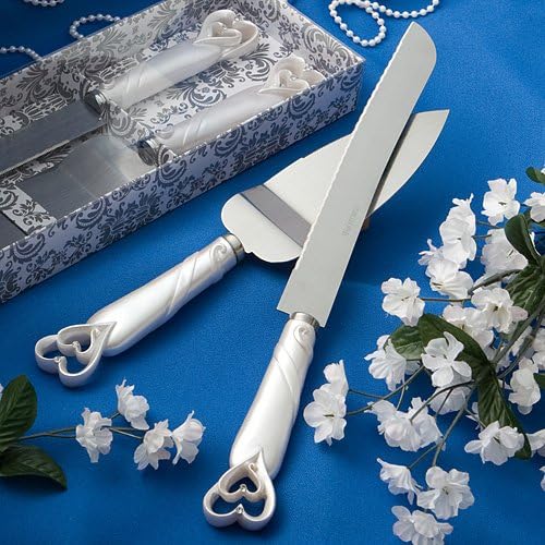 GIFTS INFINITY® Personalized Wedding White Interlock Heart Cake Knife and Server Set Free Engraving (2401) - Valentine's Day Gift