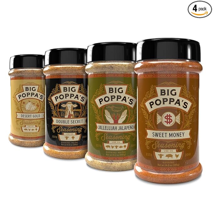 Big Poppa's Must Have BBQ Bundle (4-Pack) – Includes Sweet Money, Double Secret, Desert Gold, and Jallelujah Jalapeno Seasoning – Versatile, Gluten-Free Pack of Spices and Seasonings
