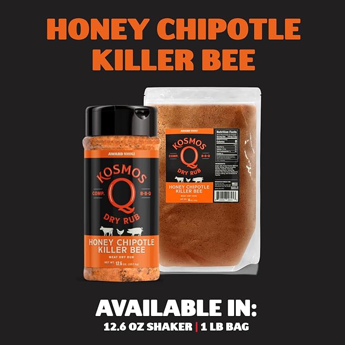 Kosmos Q Honey Chipotle Killer Bee BBQ Dry Rub, Sweet and Spicy Seasoning with Sugar, Chipotle, Garlic & Paprika for Ribs, Pulled Pork, Chicken, Dry Rub For Smoking & Grilling, 12.6 Oz Shaker Bottle
