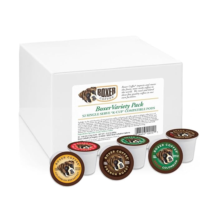 Boxer Coffee Variety Pack Sampler – 52 Count Medium Roast Single-Serve Coffee Pods, Colombian, Organic House, French Roast, Sumatra, Decaf Swiss Water – Specialty Grade Gourmet Coffee, Keurig K-Cup 2.0 Compatible