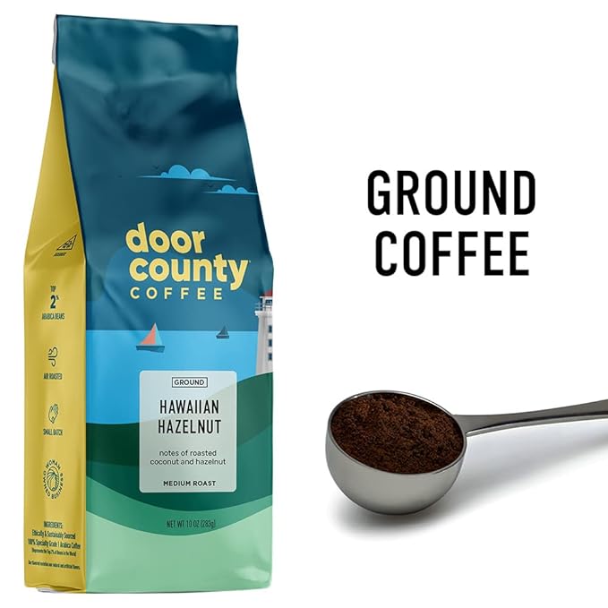 Door County Coffee Hawaiian Hazelnut Flavored -10oz Bag - Ground Medium Roast - 100% Arabica - Hawaiian Hazelnut