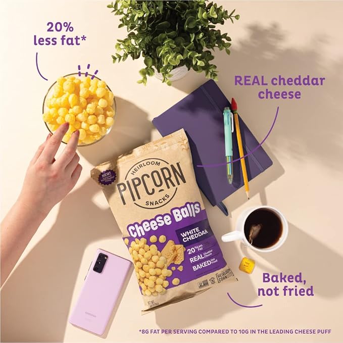 Heirloom White Cheddar Cheese Balls by Pipcorn - 4.5oz 6pk - Healthy Snacks, Gluten Free, Heirloom Corn, Baked not Fried