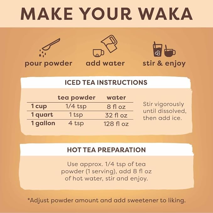 Waka Instant Black Tea Mix Pouch, Decaffeinated - 100% Tea Leaves, No Additives, Unsweetened Tea Powder for 50 Quarts or 200 Cups ??Easy Quick Hot and Iced Teas (4.5oz)