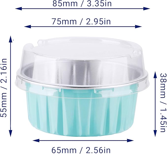 EUSOAR Aluminum Foil Cups, 5 oz 60pcs Baking Cups with Lids, 125ml Snacks Desserts Flan, Cupcake Pie Ramekin, Catering Gathering Club Shower Party Favor Baking Cups-Lake Blue+Gold