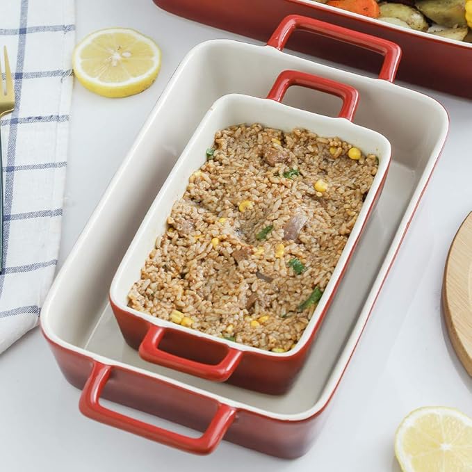 KOOV Bakeware Set, Ceramic Baking Dish, Rectangular Baking Pans Set, Casserole Dish for Cooking, Cake Dinner, Kitchen, Wrapping Upgrade, 12 x 8.5 Inches, 3-Piece (Gradient Red)