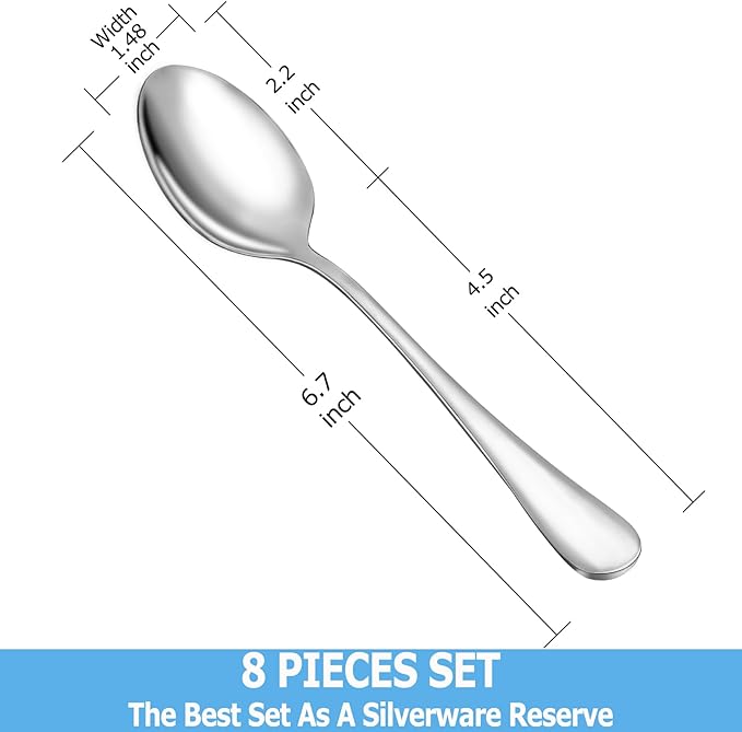 8 Pcs Teaspoons Set, Food Grade Stainless Steel Tea Spoons, Durable Small Spoons, Metal Dessert Spoon, Spoon Silverware for Home, Kitchen or Restaurant, Mirror Polished & Dishwasher Safe, 6.7-Inch