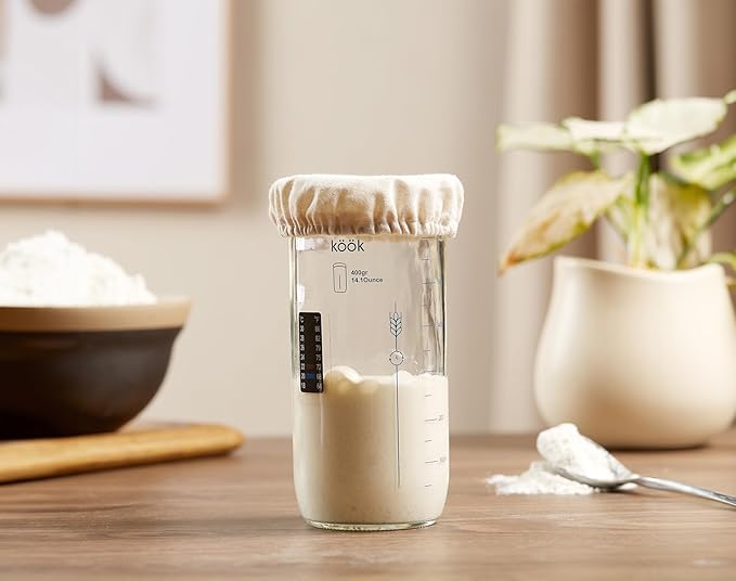 Sourdough Starter Kit, by Kook, Sourdough Starter Jar, Sourdough Bread Baking Supplies, Date Marked Feeding Band, Metal Cap, Thermometer, Silicone Spatula Scraper, Cloth Cover, 24 oz