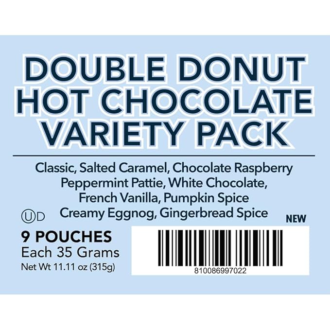 Double Donut Flavored Hot Chocolate Packets Variety Pack, 9 Count Includes Classic, Chocolate Raspberry, Salted Caramel, Peppermint, Eggnog & Gingerbread