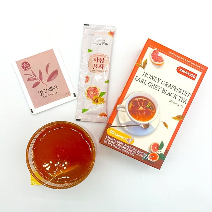 KAYFOOD Garden Honey Grapefruit Tea Powdered & Earl Grey Black Tea Bag Mix 10 Sticks (5.56oz), (Honey Grapefruit 5 Sticks & Early Grey Black 5 Teabags)