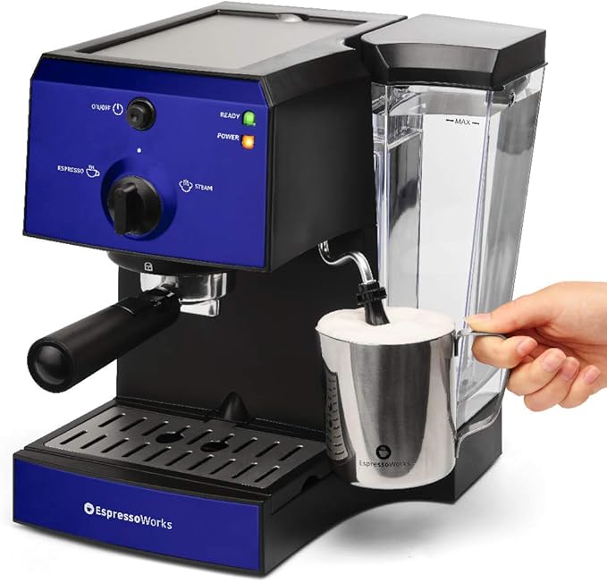 EspressoWorks All-In-One Espresso Machine with Milk Frother 7-Piece Set - Latte Maker Includes Grinder, Frothing Pitcher, Cups, Spoon and Tamper - Coffee Gifts (Blue)