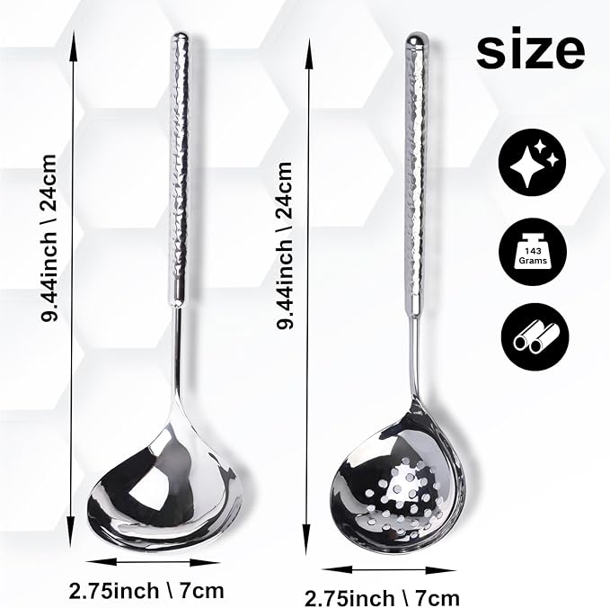 Soup Ladle and Slotted Spoon Set 18/8 Stainless Steel, 9.4" Small Metal Ladle Spoon and Strainer Scoop Gravy Colander, for Hotpot, Buffet, Party, Restaurants, Kitchen, 2-Pack