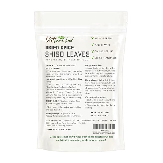 DRIED SHISO LEAVES 1.76 Oz (50g) VIETFARMFOOD: Pure, natural freeze-dried spice made from real vegetables and fruits - perfect for enhancing every meal, from cooking, baking, salads, soups, sauces