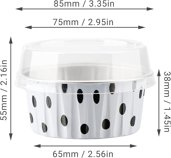 EUSOAR Aluminum Foil Muffin Liners, 30pcs 5oz Aluminum Foil Muffin Liners Cupcake Baking Cups, Mini Pie Pans with Lids, Disposable Foil Baking Cups Containers for Creme Brulee or Cupcake-Polka Dot