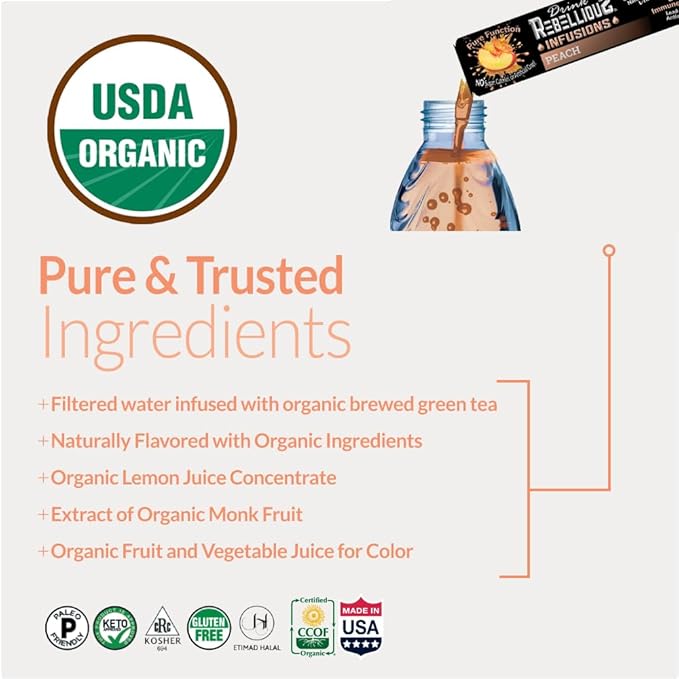 Rebellious Peach Organic Drink Mix ??Organic Zero Calorie Energy Drink Mix | Monk Fruit & Green Tea Extract | L-Theanine + Natural Caffeine | 100% Plant-Based | Pack of 10 | Keto, Kosher, Gluten-Free
