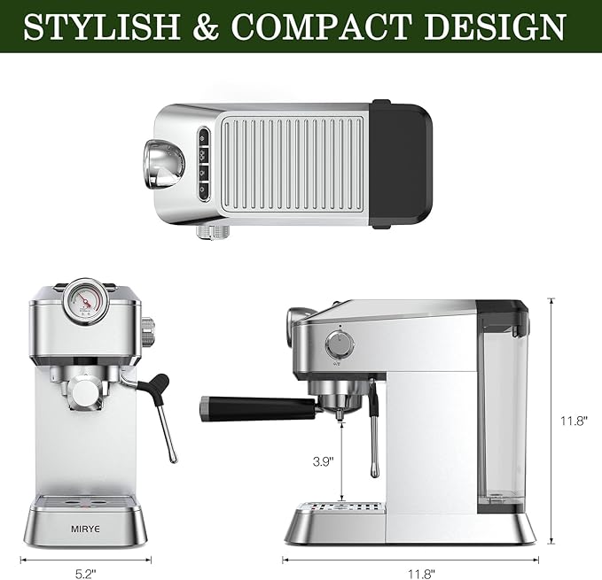 Espresso Machine 20 Bar - Stainless Steel Silver Coffee Maker for Home & Office, Compact with Fast Heating, High-Pressure & Removable Water Tank for Coffee Lovers